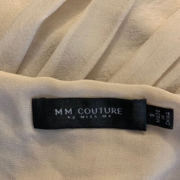 Miss Me MM Couture Silk Blouse Pleated Short Sleeve Taupe Beige Size Small - Picture 7 of 10
